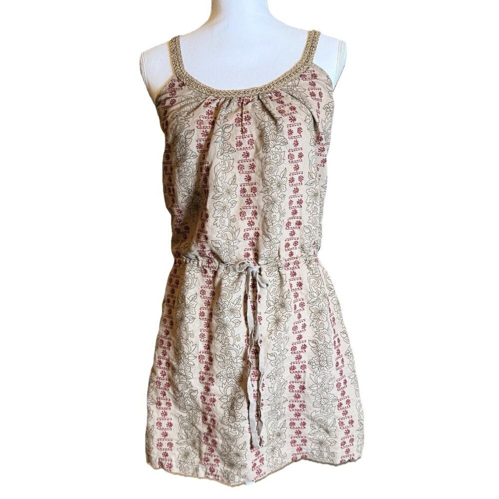 Lucky Brand Embroidered Linen Mini Dress Earthy Boho Floral Cottage Small